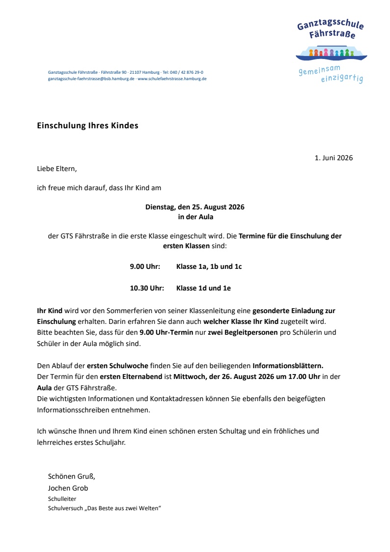 Elternbrief Einschulung Jahrgang 1